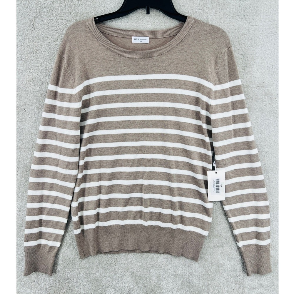Petite Assembly Sweater Womens‎ XLP Tan White Striped Preppy Neutral NWT